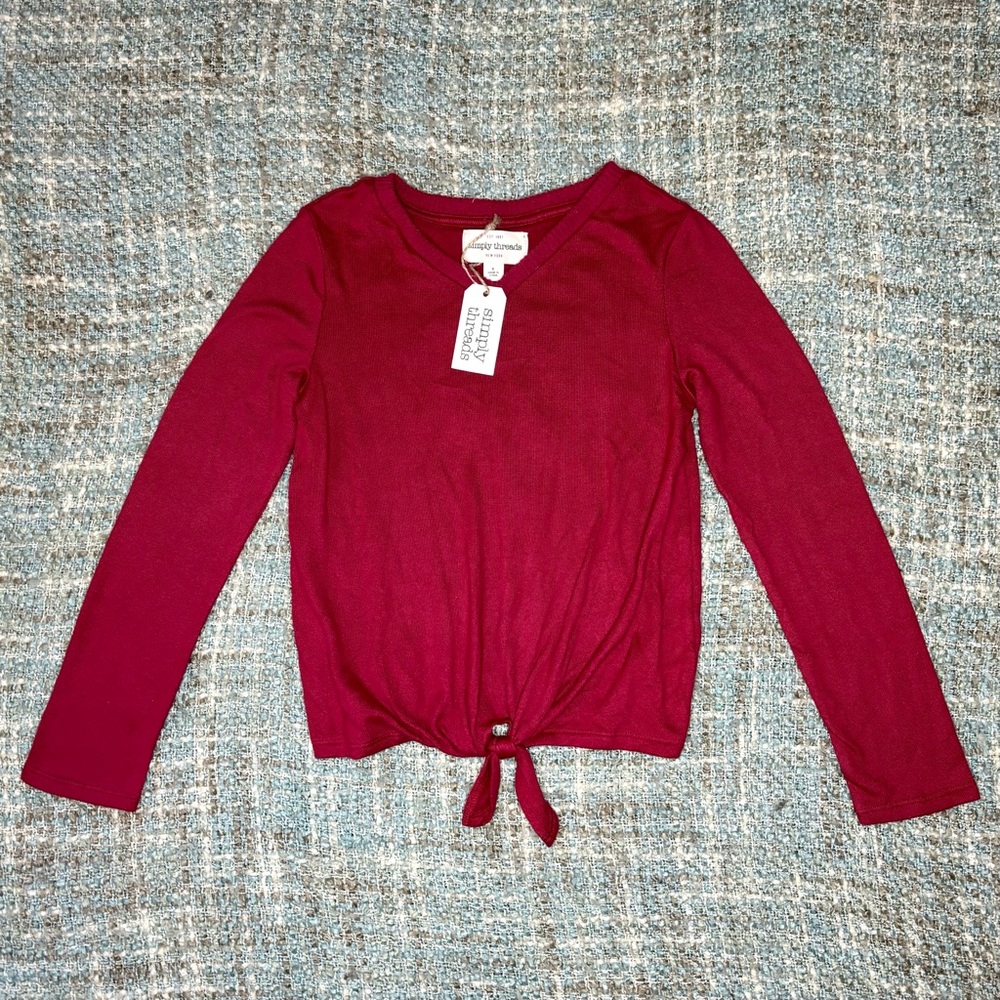 Simply Threads - Simply The Softest Plush Long Sleeve Tie-Front Tee in Red